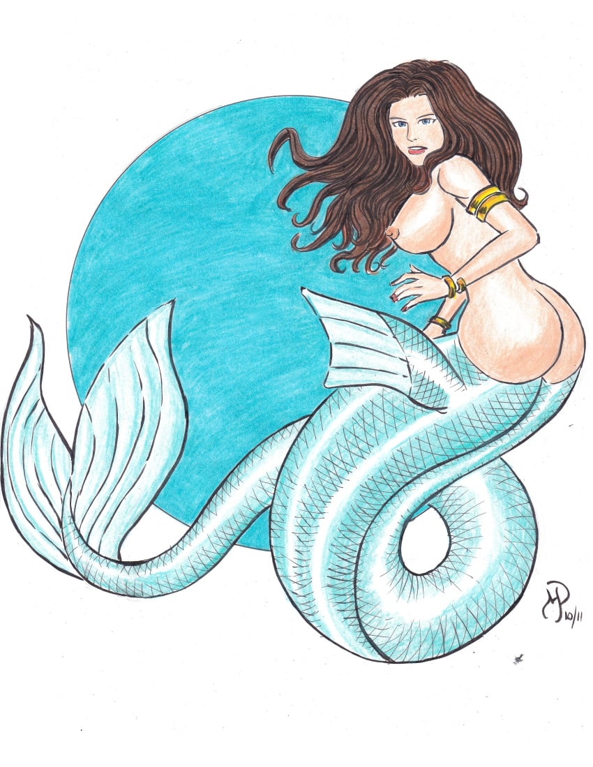 1girls areola armlet ass blue_tail bracelet breasts brunette dat_ass female fins fish_girl fish_tail jpg long_hair long_tail mermaid mermaid_ass mermaid_girl mermaid_tail michael_powell monster_girl mythology nipples no_bra signature tagme tail_fin topless voluptuous