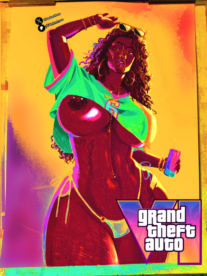 1girls areolae big_breasts breasts breasts_out busty busty_female curvaceous curvy curvy_body curvy_female dark_skin darkestrosa grand_theft_auto grand_theft_auto_vi gta_vi_cover_girl huge_breasts nipple_piercing nipples rockstar_games solo solo_female tan-skinned_female