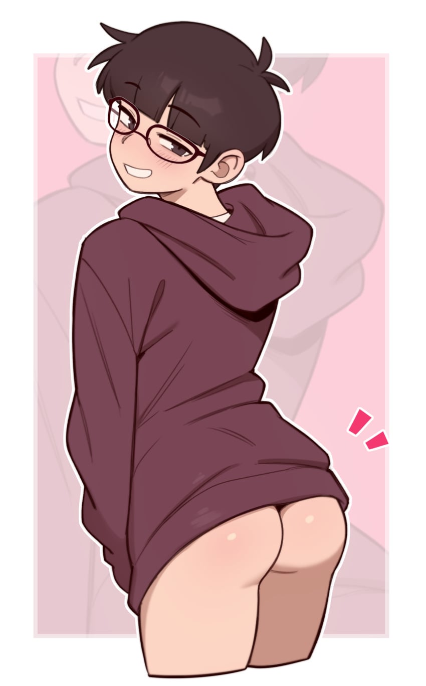 1boy bottomless butt butt_focus cheeky_smile dross femboy glasses hoodie jewels_(dross) light-skinned_male looking_at_viewer looking_back looking_back_at_viewer male naughty_face naughty_smile no_pants partially_clothed ruby_(dross) twink