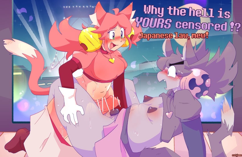 2futas artist_signature bar_censor barbed_penis bell big_breasts blush blush_lines blushing breast_size_difference breasts cat_ears cat_girl cat_tail catjam_(artist) catjamn censored censored_penis chubby deltarune dialogue dual_persona duo erection fang feline feline_humanoid feline_penis frottage futa_on_futa futanari ghost gloves green_eyes hair_bell hair_ornament hand_on_thigh heart_necklace heart_symbol irritable_ghost_(deltarune) kemonomimi mad_mew_mew mew_mew_(undertale) mew_mew_kissy_cutie necklace partially_clothed penis penises_touching pink_(deltarune) pink_body pink_hair pink_skirt pink_socks pink_topwear purple_body purple_eyes purple_hair purple_skirt purple_topwear raised_shirt raised_skirt selfcest shirt_lift shocked skirt skirt_down skirt_lift slightly_chubby small_breasts socks sweat sweaty sweaty_body thick_eyebrows thick_thighs topwear trans_woman white_gloves