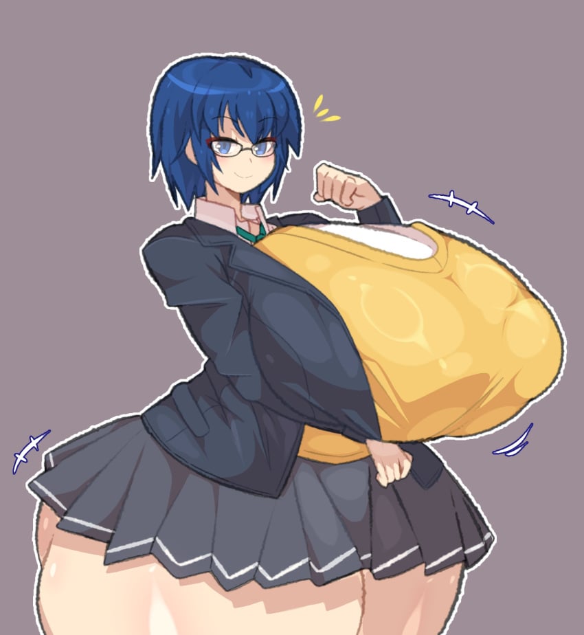 alternate_breast_size alternate_version_available ass asscheeks big_breasts blue_eyes blue_hair blush bottom_heavy bouncing_breasts breasts bubble_butt ciel_(tsukihime) color curvy enormous_ass enormous_breasts gigantic_breasts glasses hips huge_ass huge_boobs huge_breasts hyper hyper_ass kumomogi large_boobs large_breasts looking_at_viewer motion_lines nipple_bulge school_uniform schoolgirl short_hair simple_background skirt smile thick thick_thighs tsukihime tsukihime_(remake) type-moon wide_hips