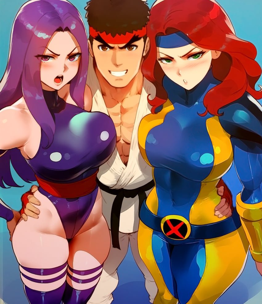 1boy 1boy2girls 2girls ai_generated bandana big_breasts blushing_at_viewer capcom comission crossover cute_face eastern_and_western_character ffm grabbing_waist hero heroine hugging_another hugging_partner jean_grey jumpsuit karate_gi leotard light-skinned_female light-skinned_male light_skin lucky_bastard male/female marvel marvel_comics marvel_vs._capcom muscular_male photo posing_for_picture posing_for_the_viewer psylocke purple_hair red_hair rubbing rubbing_breasts ryu_(street_fighter) simple_background slender_body smiling street_fighter thick_ass thick_thighs upscaled voluptuous_female x-men