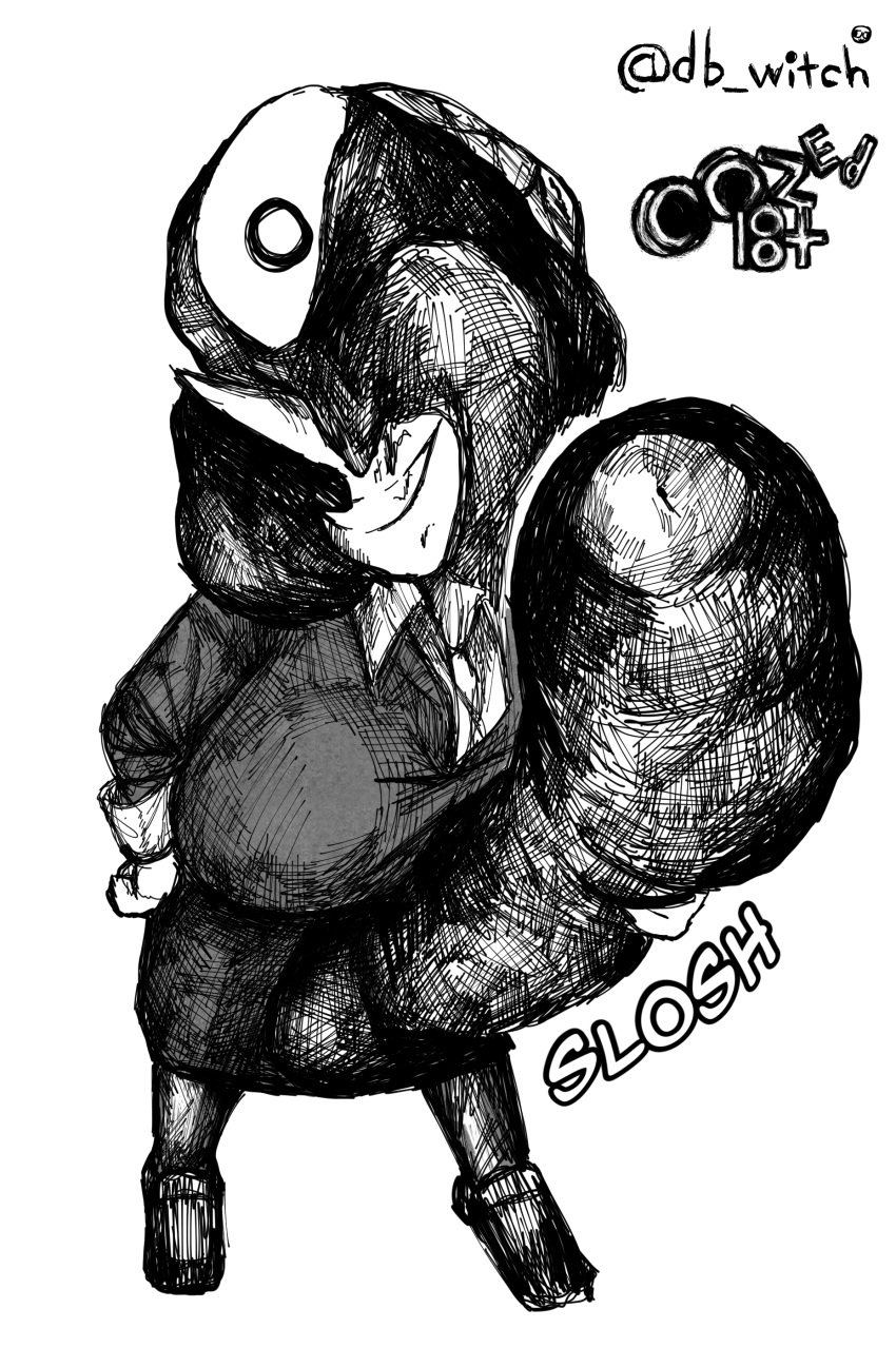 balls big_balls big_breasts big_penis black_and_white clothed corrupted corruption female footwear futanari head_parasite huge_balls huge_cock infected infection large_breasts leeper_parasite_(oozed) leeper_parasite_(witchdoctordb) monster onomatopoeia oozed parasite penis pointy_nose slime slime_monster text unknown_character witchdoctordb