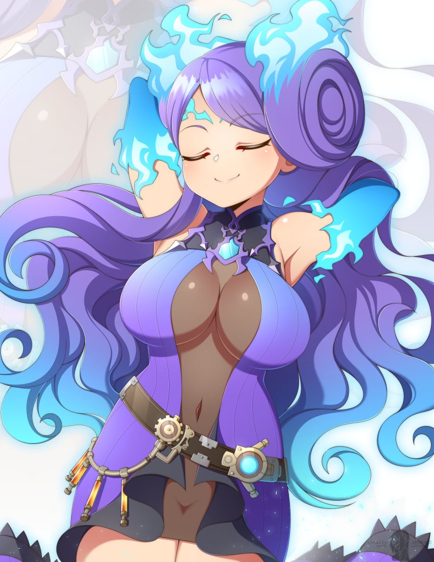 absurdres arms_behind_head blue_fire breasts brighid_(xenoblade) center_opening chest_jewel cleavage closed_eyes cowboy_shot crotch dress elbow_gloves female fiery_hair fire gloves highres large_breasts long_hair milf navel nintendo no_bra no_panties no_underwear purple_gloves purple_hair see-through_clothes see-through_dress smile solo totallyiryanic xenoblade_(series) xenoblade_chronicles_(series) xenoblade_chronicles_2