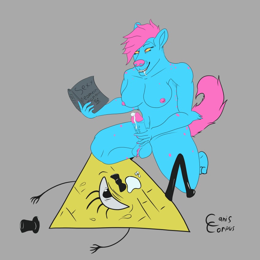 1:1 absurd_res anthro bill_cipher bodily_fluids breasts canis_corpus cum disney drooling genital_fluids genital_piercing genitals gravity_falls gynomorph hi_res hyena hysteria_hyena intersex intersex/male male mammal penis piercing saliva spotted_hyena sweat