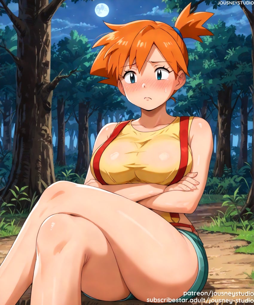 ai_generated asymmetrical_hair bangs bare_arms bare_legs bare_shoulders blue_eyes blush breasts closed_mouth clothing cloud crossed_arms crossed_legs day denim denim_shorts eyelashes female female female_only forest frown full_moon gen_1_pokemon grass gym_leader hair_tie jousneystudio kasumi_(pokemon) large_breasts legs looking_at_viewer moon nature night night_sky nose_blush orange_hair outdoors pokemon pokemon_(anime) pokemon_(classic_anime) pokemon_(game) pokemon_character pokemon_red_green_blue_&_yellow pokemon_species ponytail shiny_skin shirt short_hair short_shorts shorts side_ponytail sitting sky sleeveless sleeveless_shirt smile solo suspender_shorts suspenders sweatdrop tank_top thick_thighs thighs tied_hair tree yellow_shirt yellow_tank_top