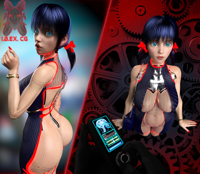 1girls 3d absurdres alternate_costume ass bangs blue_eyes blue_hair bracelet breasts cleavage clothed_exposure drone expressionless female femsub glowing glowing_eyes happy_trance high_heels ibex-cg kneeling marinette_dupain-cheng miraculous_ladybug nail_polish navel nipples ping pov pov_dom remote_control robot robotization see-through signature standing standing_at_attention tech_control