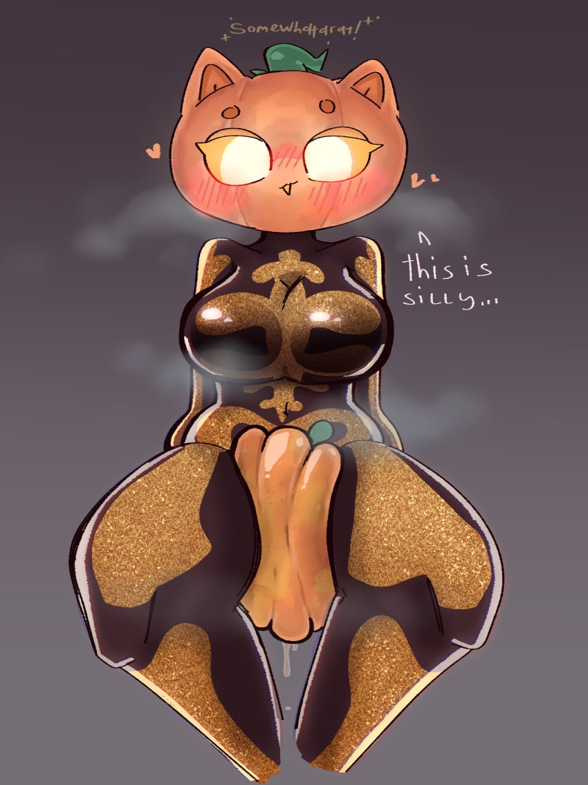 absurd_res anthro aroused between_thighs blush bodysuit bone breath character_request clothing costume crushing_object english_text epic_games felid feline female for_a_head fortnite halloween halloween_costume heart_symbol hi_res holidays jack-o'-lantern mammal object_between_thighs object_head panting pumpkin_cat_(fortnite) pumpkin_head requesting simple_background skeleton skinsuit solo somewhatarat steamy_breath text thick_thighs thigh_crush thigh_focus tight_clothing