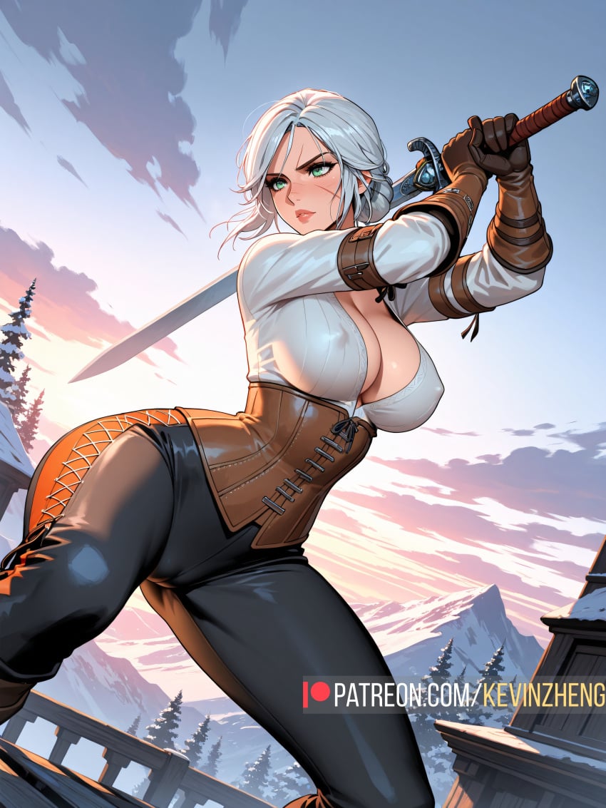 ai_generated big_breasts breasts cameltoe ciri clothing female green_eyes kevin_zheng light-skinned_female mascara nipples_visible_through_clothing scar solo sword the_witcher_(series) the_witcher_3:_wild_hunt white_hair