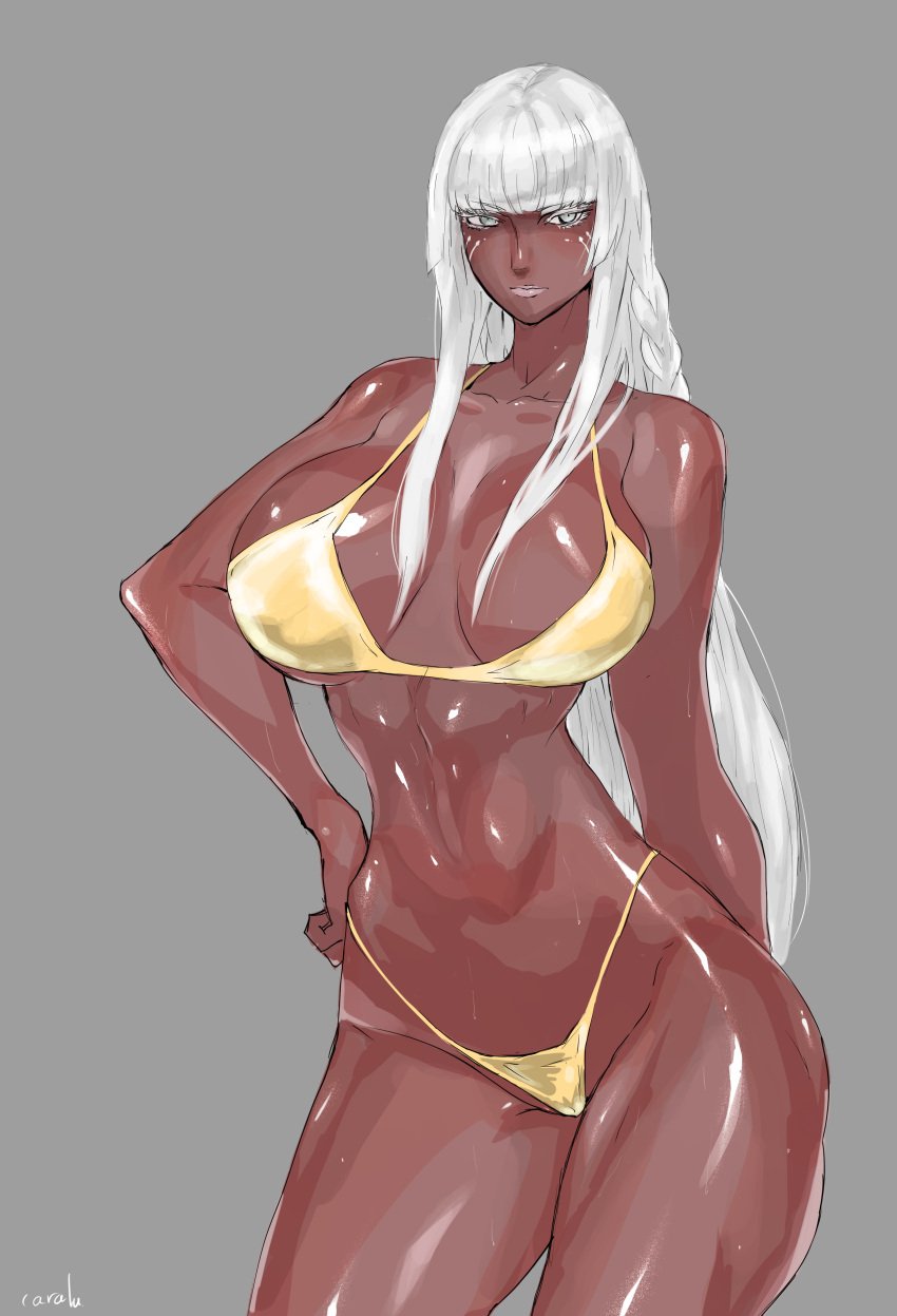 1girls bikini brigitta_lycaon dark-skinned_female dark_skin facial_markings female female_only grey_eyes huyamuyaz long_hair metaphor:_refantazio solo swimsuit white_hair