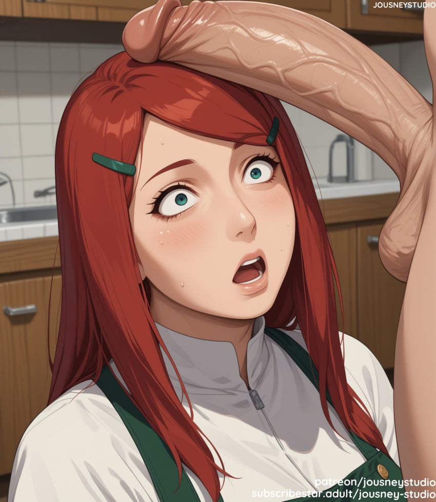 1boy ai_generated apron bangs blush breasts clothing english_language english_text erection female female green_apron green_eyes hair_ornament hairclip huge_cock indoors jousneystudio kitchen kushina_uzumaki large_penis light_skin lips long_hair looking_at_penis looking_at_viewer male naruto naruto_shippuden open_mouth penis penis_awe red_hair shirt solo_focus straight sweat sweatdrop teeth testicles text uzumaki_kushina veins veiny_penis white_shirt wide-eyed