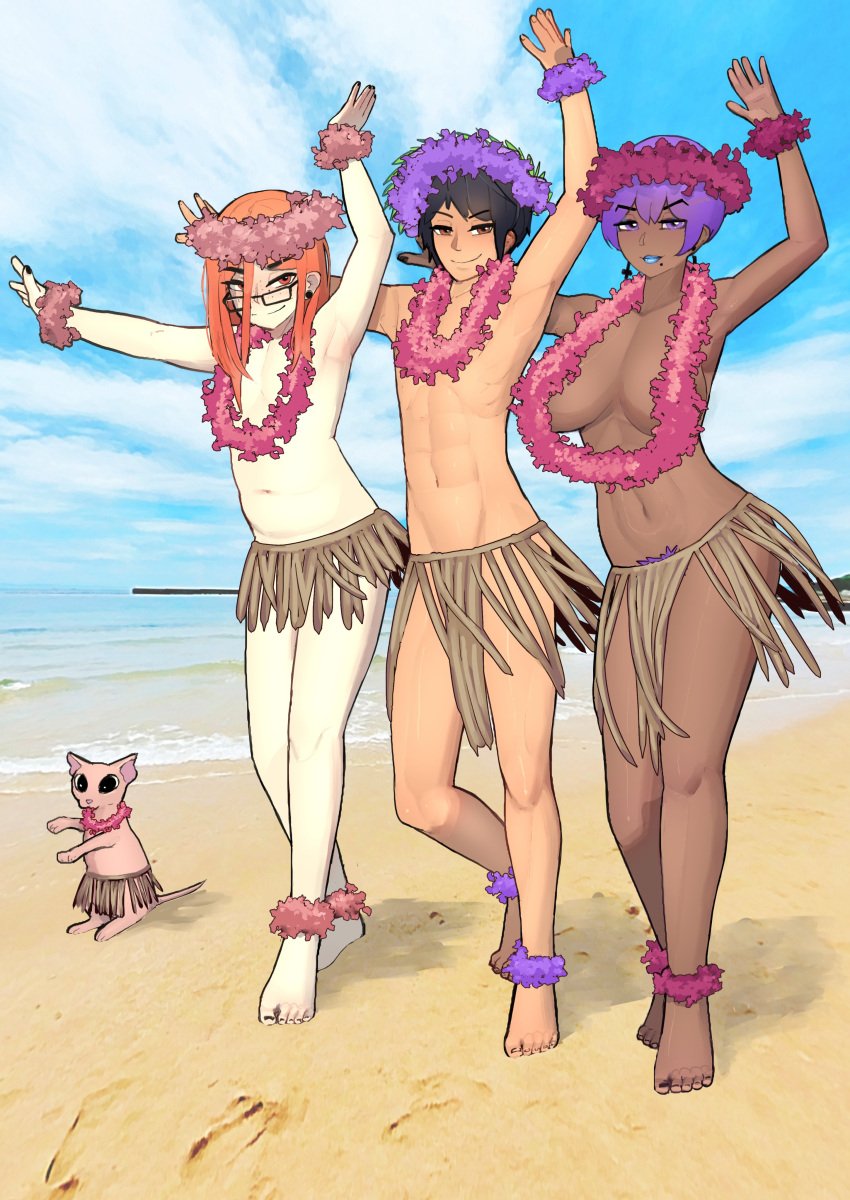 1futa 2boys beach big_breasts blue_lipstick breasts clothed clothing dark-skinned_futanari dark_skin earrings feet feline femboy flower_anklet flower_crown flower_necklace futanari gixar glasses human leaf_skirt light-skinned_male light_skin long_hair male mole_under_mouth mostly_nude pubic_hair purple_hair red_hair smile standing