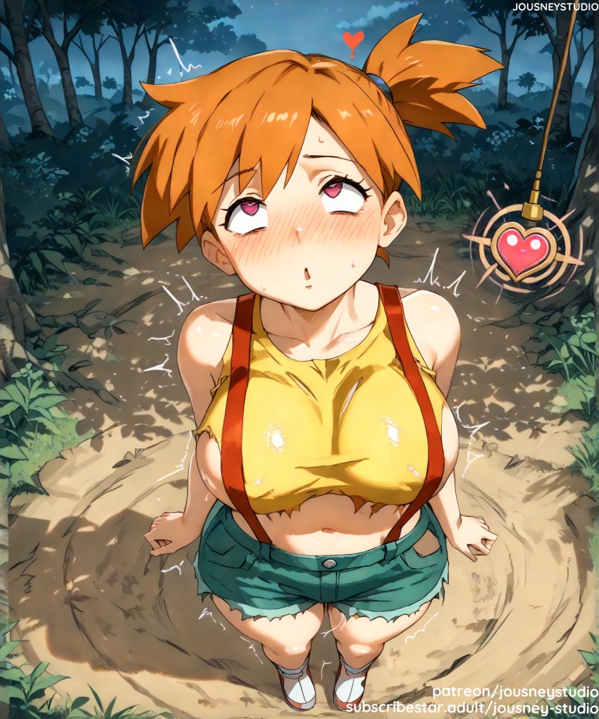 ahe_gao ai_generated arms_at_sides asymmetrical_hair bangs bare_shoulders blush breasts clavicle clenched_hands clothing crop_top cutoffs denim denim_shorts female female female_only footwear gen_1_pokemon gym_leader heart heart-shaped_pupils huge_breasts jousneystudio kasumi_(pokemon) large_breasts legs looking_at_viewer looking_up midriff navel night nipples open_mouth orange_hair outdoors pokemon pokemon_(anime) pokemon_(classic_anime) pokemon_(game) pokemon_character pokemon_red_green_blue_&_yellow pokemon_species ponytail shiny_hair shiny_skin shirt shoes short_hair short_shorts shorts side_ponytail sky sleeveless smile solo standing suspenders sweat symbol-shaped_pupils tank_top thick_thighs thighs tied_hair torn_clothes tree trembling wide_hips yellow_shirt