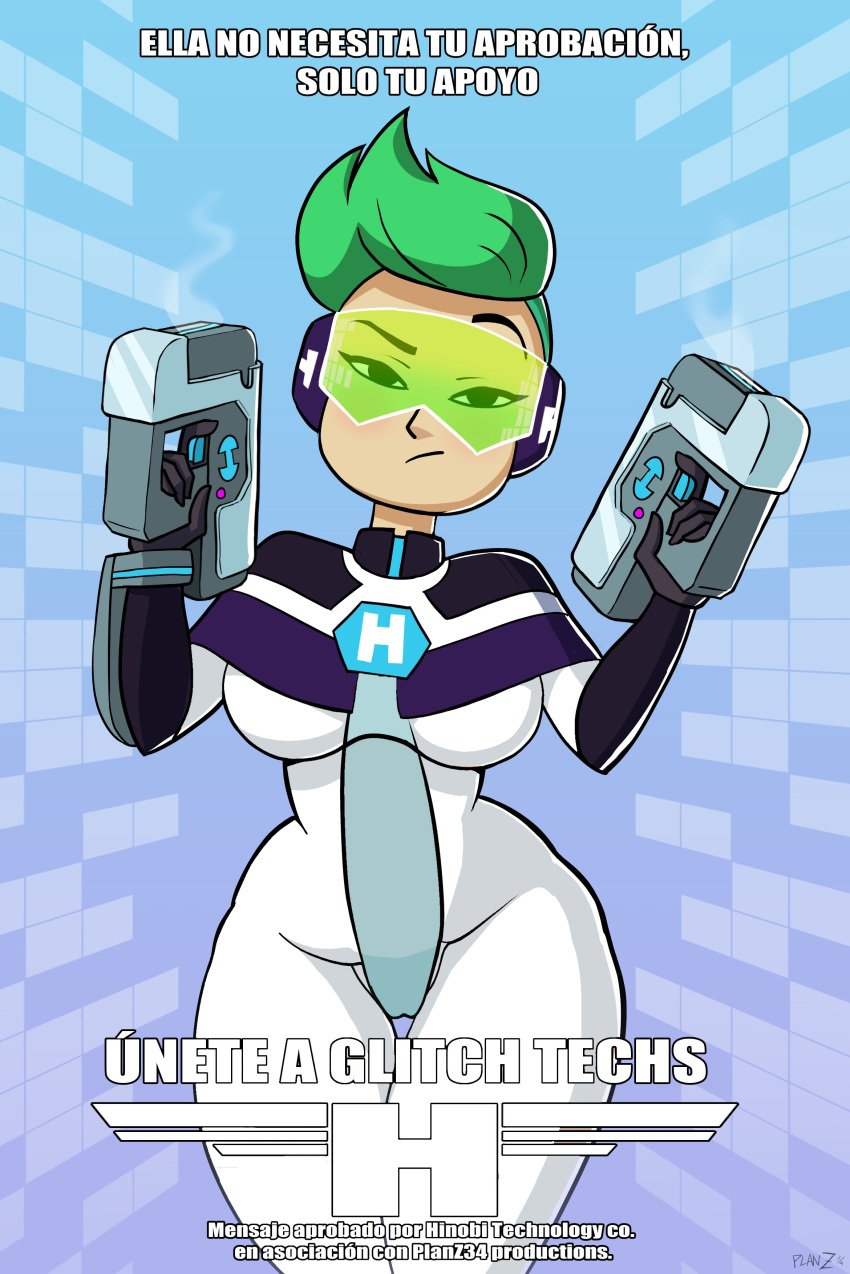 1girls areolae armor big_breasts breasts edit edited female female_only glitch_techs green_hair gun looking_at_viewer mostly_nude netflix nickelodeon nipples no_bra panties pistol planz34 png poster raised_eyebrow recruitment_poster simi_(glitch_techs) solo spanish spanish_dialogue text thick_thighs tinted_eyewear visor wide_hips