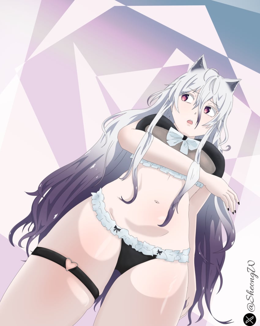 beast beast_(date_a_live) big_breasts date_a_live girl legs lewd lips long_hair nails_painted nekomimi pale_skin purple_eyes sheong_wong stomach swimsuit vagina white_hair young