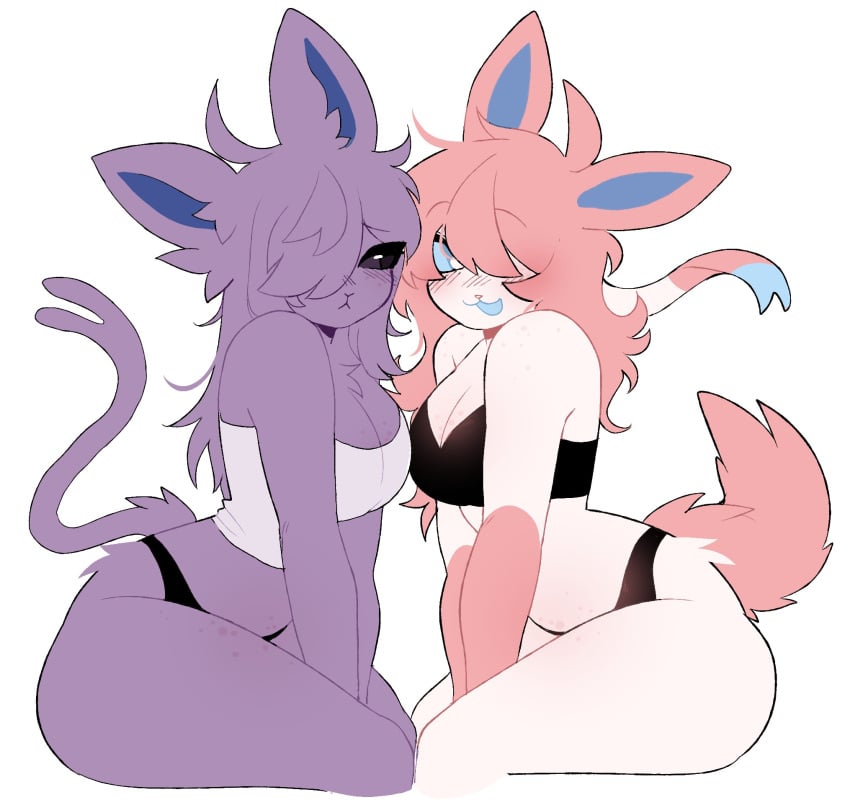 2girls anthro ass blush eeveelution espeon female female_focus female_only fur furry nintendo pokemon pokemon_(species) sylveon tail teazshark