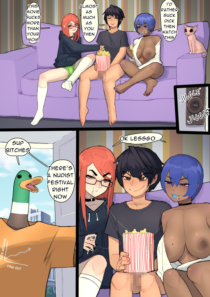 1futa 2boys anthro big_breasts blue_lipstick censored choker couch cum cum_in_mouth cum_string dark-skinned_futanari dialogue duck eating femboy food futanari gixar glasses humanoid long_hair male mole_under_mouth original_character penis popcorn purple_hair red_hair