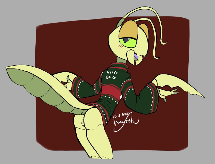 3_fingers 4_arms andromorph andromorph_anthro antennae_(anatomy) anthro arthropod arthropod_abdomen bedroom_eyes blush bottomless bottomless_andromorph bottomless_anthro bottomless_intersex christmas christmas_clothing christmas_sweater christmas_topwear clothed clothed_andromorph clothed_anthro clothing cuntboy daniel_(wayesh) diamond_pupils exoskeleton fingers genitals green_body green_exoskeleton green_sclera hi_res holidays insects intersex intersex_anthro mantis multi_arm multi_limb multicolored_body multicolored_exoskeleton narrowed_eyes presenting presenting_pussy pupils purple_pupils pussy seductive signature slim_andromorph slim_anthro solo sweater sweater_only topwear topwear_only two_tone_body two_tone_exoskeleton wayesh yellow_body yellow_exoskeleton