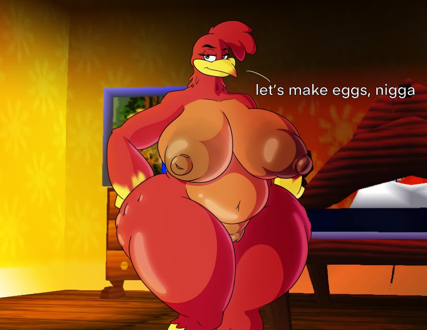 absurd_res anthro ass avian banjo-kazooie belly big_breasts big_butt big_nipples breasts cellulite curvy_figure female hi_res huge_breasts huge_butt humanoid kazooie looking_at_viewer nipples possbooty rareware slightly_chubby slightly_chubby_female solo text thick_thighs