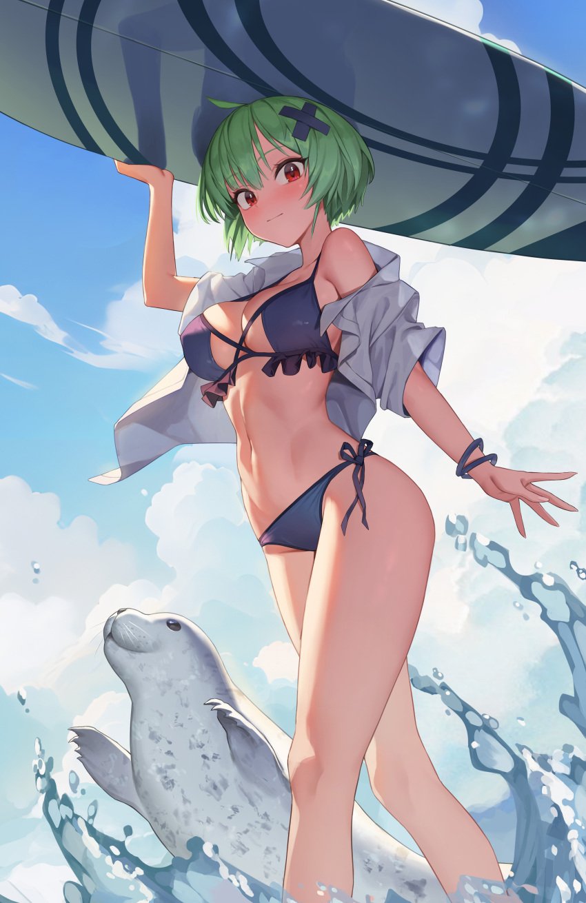 absurdres bikini closed_mouth female green_hair highres looking_at_viewer navel ocean original red_eyes seal_(animal) short_hair swimsuit walking xzu