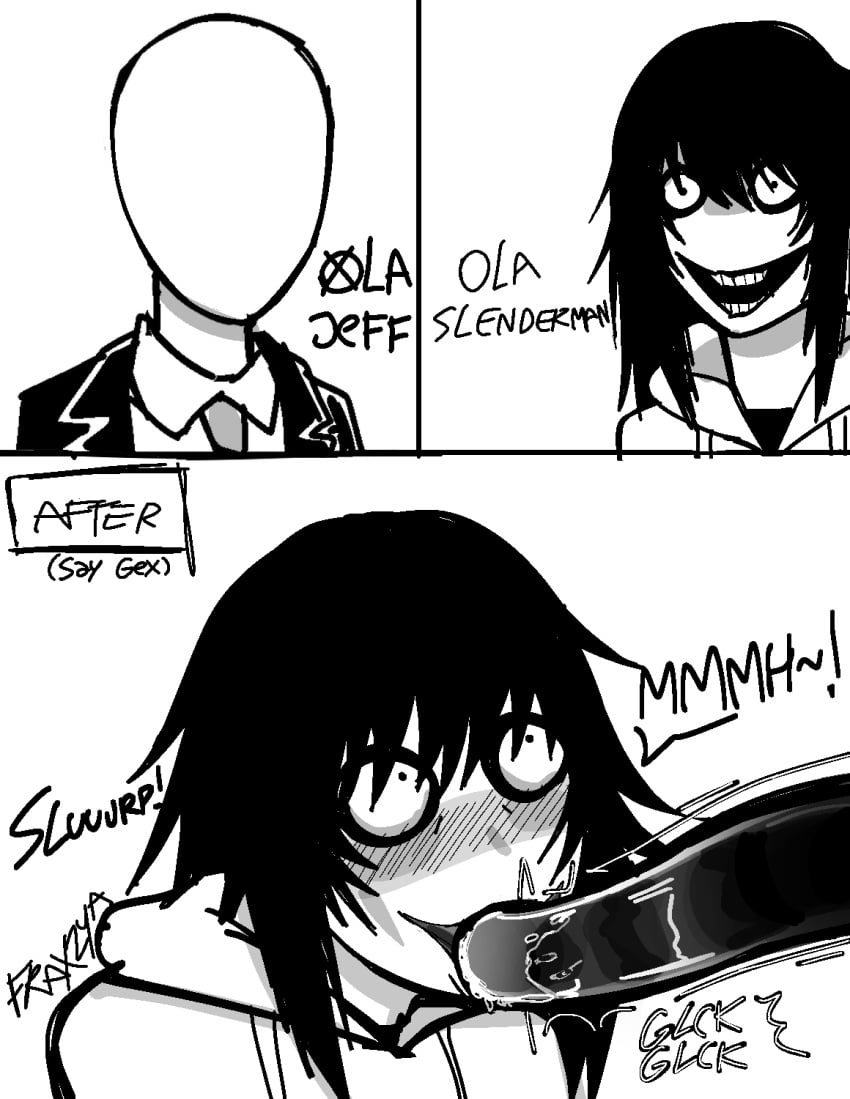 black_and_white black_hair blush clothed_sex consensual consensual_by_the_way creepypasta face_scar faceless faceless_character faceless_male fraxzya gay gay_sex hoodie jeff_the_killer long_hair long_hair_male meme_reference messy_hair monochrome mouth_scar onomatopoeia oral oral_penetration scar scar_on_face sex slenderman slurp spanish_text sucking suit tentacle tentacle_in_mouth tentacle_sex yaoi