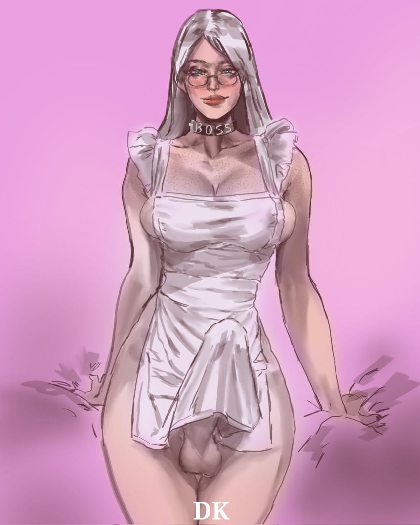 1futa apron aunt_charlie_(dmitrys) balls bulge collar dk_(artist) erection erection_under_clothes futanari glasses half_nude highres naked_apron penis sideboob sketch solo