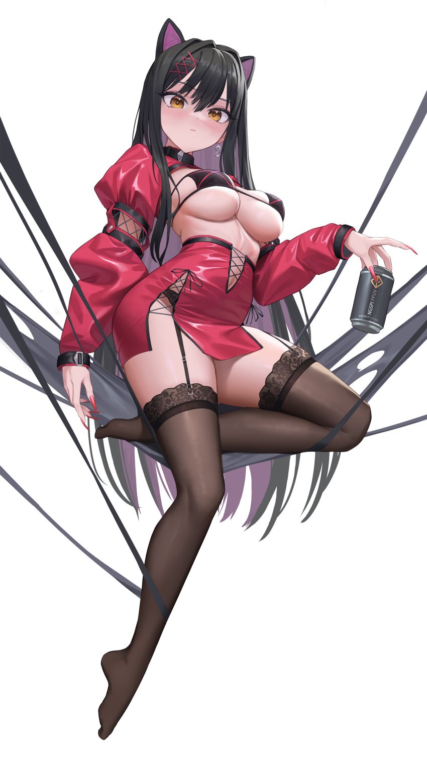 absurdres animal_ears black_garter_belt black_hair black_thighhighs blush bra breasts can closed_mouth colored_inner_hair cross-laced_slit drink_can earrings extra_ears fake_animal_ears female full_body garter_belt garter_straps hair_between_eyes hair_ornament high-waist_skirt highres holding holding_can jewelry lace lace-trimmed_legwear lace_trim large_breasts looking_at_viewer multicolored_hair navel original pelvic_curtain purple_hair red_nails shrug_(clothing) side_slit sidelocks skirt soda_can solo strapless strapless_bra swimsuit thighhighs two-tone_hair underboob underwear white_background xzu yellow_eyes