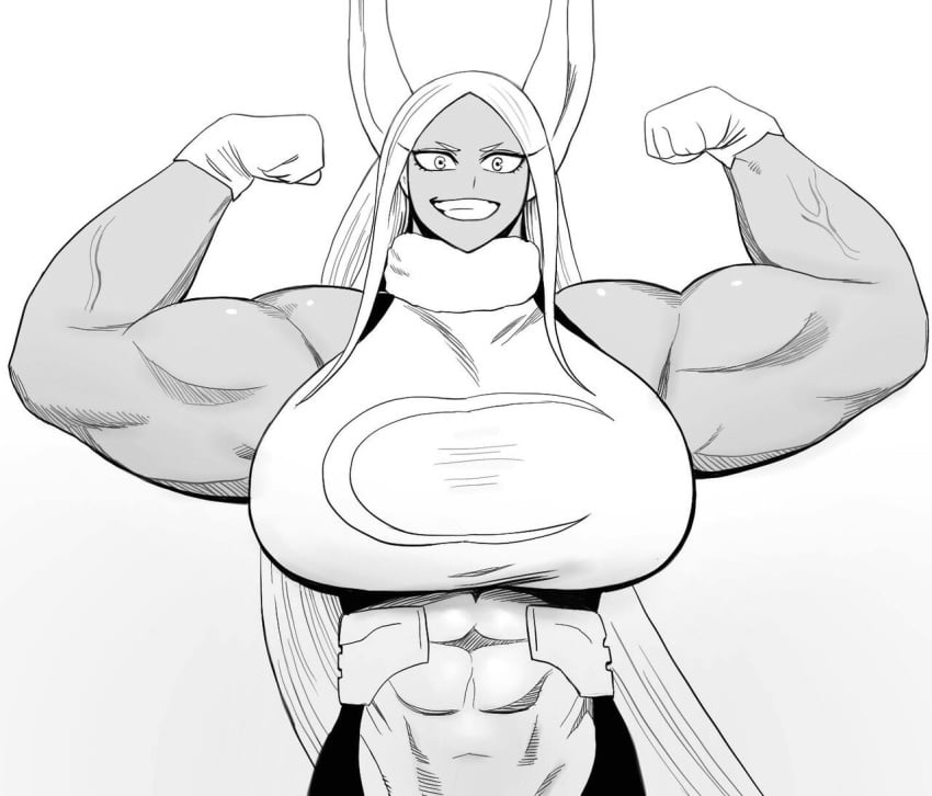 1girls arm_flex black_and_white bunny_ears heroine hyper_muscles large_biceps miruko mostly_sfw muscle_fetish muscular_female my_hero_academia nikutsuki rumi_usagiyama showing_off smiling smiling_proudly tanned_female