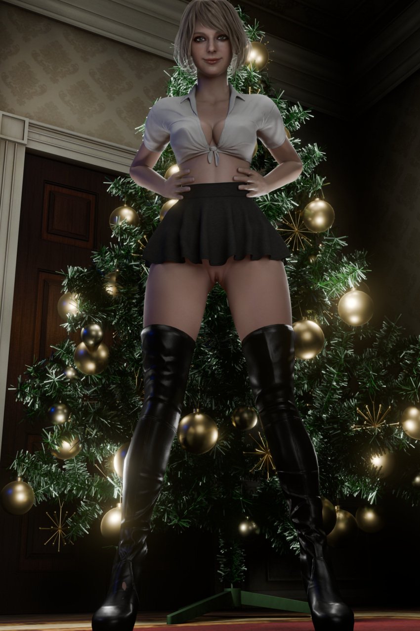 1girls 3d ashley_graham ashley_graham_(ella_freya) black_skirt blender blonde_hair capcom christmas_tree enigmaj female_focus female_only leather_boots light-skinned_female looking_at_viewer no_panties pussy resident_evil resident_evil_4 resident_evil_4_remake solo_female white_shirt