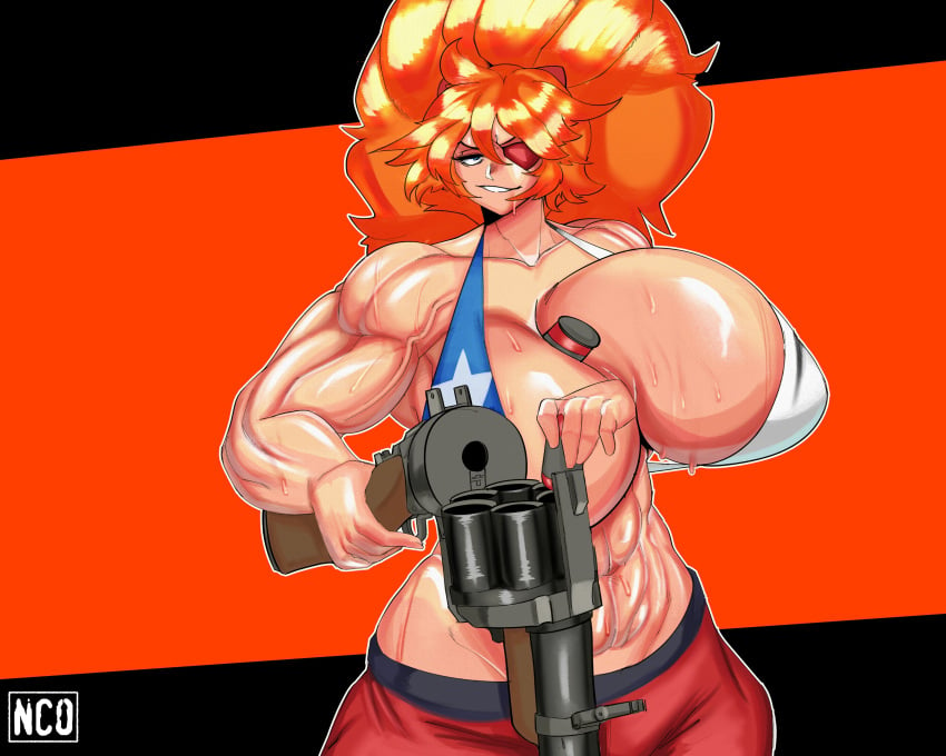 abs eyepatch gun hyper_breasts muscular_female sweat yeehawt0wn zesty_(zestyjesus) zestyjesus