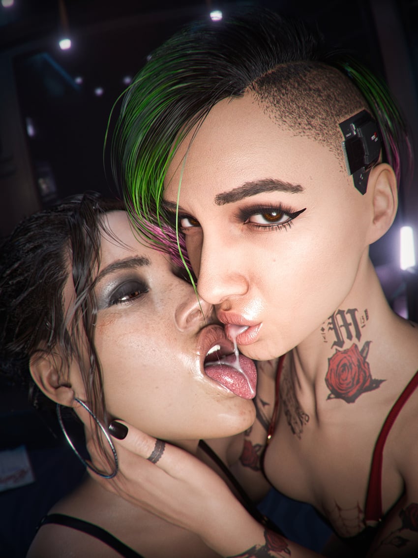 3d 3d_(artwork) 3d_model cd_projekt_red checkpik cum cum_string cum_swap cyberpunk_2077 earrings eye_contact genital_fluids hand_on_head high_resolution highres judy_alvarez kissing looking_at_viewer looking_pleasured panam_palmer partially_clothed pov pov_eye_contact tank_top tattoo tattoos tongue tongue_out video_game_character yuri