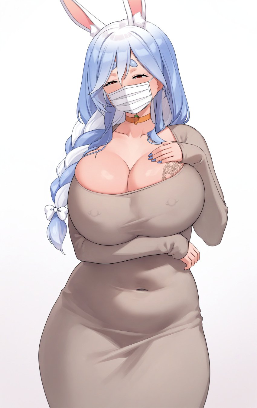 blue_nails covered_erect_nipples dongtan_dress erect_nipples half-closed_eyes hand_on_breast hololive huge_breasts nail_polish nipple_bulge pekomama simple_background thick_thighs virtual_youtuber white_background wide_hips