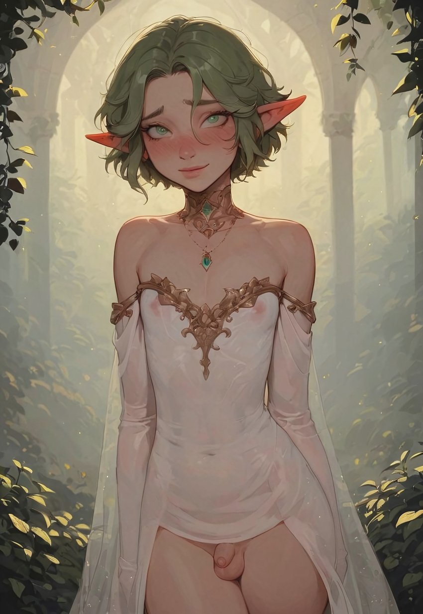 1boy ai_generated elf femboy green_eyes green_hair male_focus otoko_no_ko white_dress