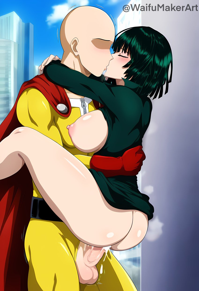 1boy 1boy1girl 1girls against_wall ai_generated arms_around_neck ass blush breasts breasts breasts_out closed_eyes cock female fubuki_(one-punch_man) green_eyes hi_res high_resolution highres huge_cock huge_cock j.c._staff kissing large_breasts lifting_person madhouse_(studio) male male/female muscular_male nipples one-punch_man penis pink_nipples saitama saliva saliva_drip stand_and_carry_position standing_sex tits_out veiny_penis waifumakerart