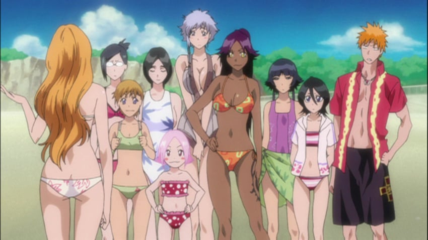 1boy 9girls anime_screencap beach bleach dumptruck_ass fat_ass fat_breasts female flat_belly flat_chested ichigo_kurosaki ise_nanao kotetsu_isane kotetsu_kiyone kuchiki_rukia kusajishi_yachiru large_breasts male matsumoto_rangiku multiple_girls sand screencap shihouin_yoruichi soifon swimsuit taller_girl toned_stomach unohana_retsu