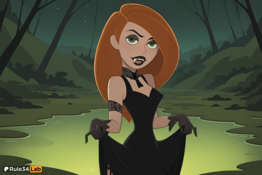 1girls ai_generated artist_name black_dress black_gloves black_lips breasts choker clothes_lift disney disney_channel dress fangs gloves green_eyes hi_res kim_possible kimberly_ann_possible long_hair nature night orange_hair outdoors red_hair rule34lab solo tree water