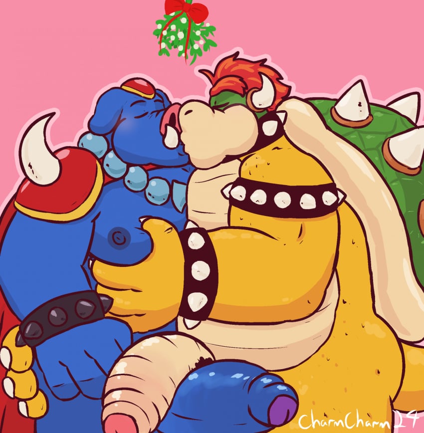 2boys anthro big_penis bowser charmcharmcharm christmas domestic_pig duo frottage ganon gay genitals hi_res kiss_on_lips kissing koopa male male/male mammal mario_(series) mistletoe moob_grab moobs nintendo nude overweight overweight_male penile penis plant scalie sex suid suine sus_(pig) the_legend_of_zelda