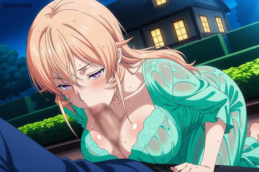 ai_generated blonde_hair dress fellatio female irrumatio kneeling koinaart long_dress nakiri_erina naughty_face night_gown purple_eyes shokugeki_no_souma stable_diffusion thick_thighs