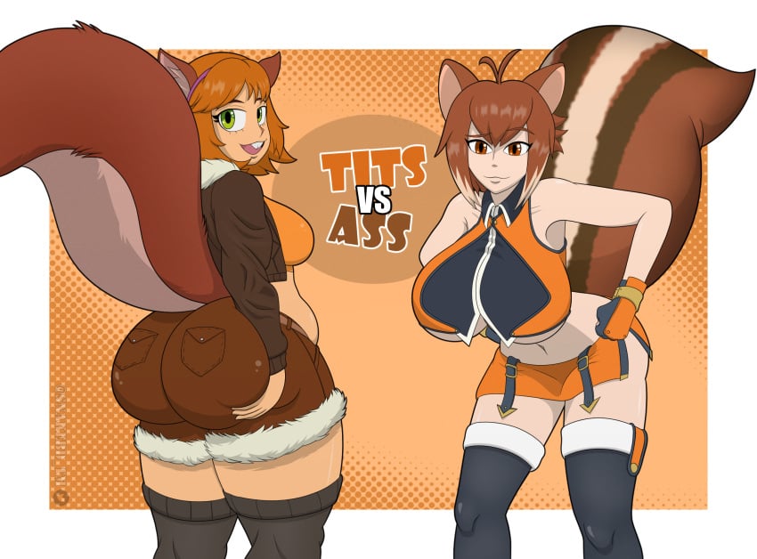 2girls ass_grab belly belly_button bent_forward big_ass big_breasts big_butt blazblue brown_eyes brown_hair gloves green_eyes huge_breasts makoto_nanaya marvel marvel_comics marvel_rivals seductive_look snakebd squirrel squirrel_ears squirrel_girl squirrel_girl_(marvel) squirrel_girl_(marvel_rivals) squirrel_tail thick_ass thick_thighs underboob versus vs