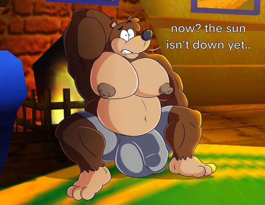 absurd_res anthro banjo-kazooie banjo_(banjo-kazooie) big_bulge big_nipples bulge detailed_bulge english_text genital_outline hand_behind_head hi_res huge_bulge humanoid male muscular nervous nipples penis_outline possbooty rareware sitting sitting_on_ground slightly_chubby solo spread_legs spreading text