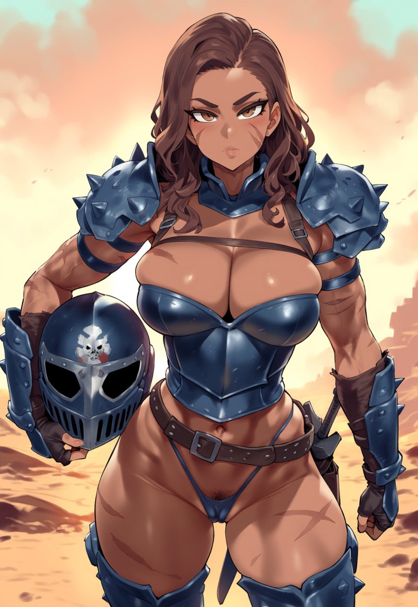 ai_generated armor big_breasts brown_eyes brown_hair cameltoe dystopia helmet helmet_removed highleg_panties huge_breasts jagat_ai long_hair looking_at_viewer original original_character pubic_hair pubic_hair_peek scar_on_chest scar_on_face scars scars_on_thighs solo solo_female