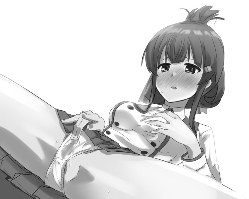 absurdres blunt_bangs blush breasts clothed_masturbation commentary_request female female_masturbation folded_ponytail furrowed_brow grabbing_own_breast greyscale highres large_breasts long_sleeves mashitono_desu masturbation minoseki_gakuin_uniform monochrome open_mouth panties partial_commentary school_uniform shirt sidelocks simple_background skirt solo spread_legs sweat toji_no_miko underwear wet wet_clothes wet_panties white_background winter_uniform yanase_mai