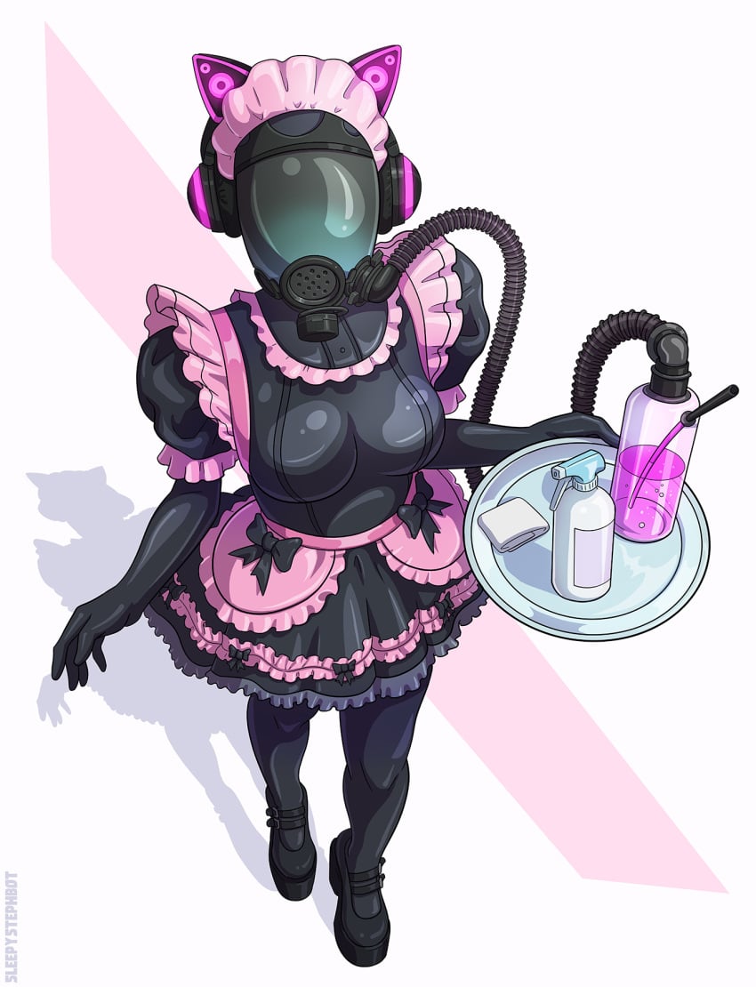 female female_only fully_clothed gas_mask gloves latex latex_clothing latex_gloves maid maid_dress maid_headdress maid_uniform mask masked puffy_sleeves serving_tray shiny_clothes sleepystephbot tight_clothing