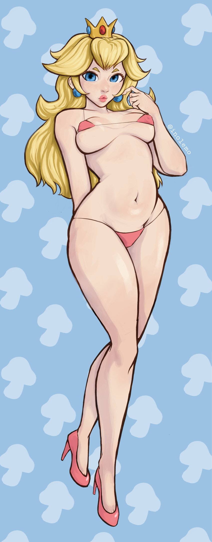 1girls big_breasts bikini blonde_female blonde_hair blue_eyes heels high_heels hourglass_figure inolemo mario_(series) nintendo nipples nipples_visible_through_clothing panties pink_nipples pinup princess_peach shiny_skin super_mario_bros. tiny_bikini