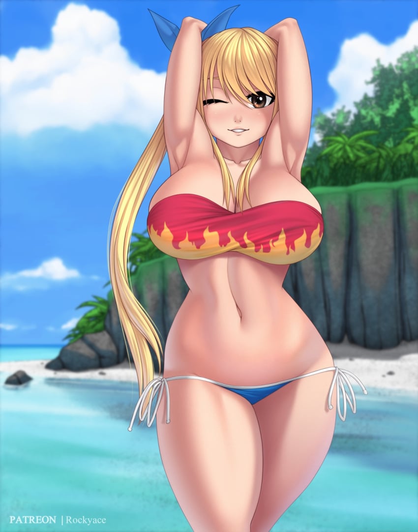 1girls alternate_version_available armpits beach bikini blonde_hair brown_eyes cleavage fairy_tail flame_pattern hairbow hourglass_figure huge_breasts inviting long_hair looking_at_viewer lucy_heartfilia posing rocky-ace seaside thick_thighs voluptuous wink