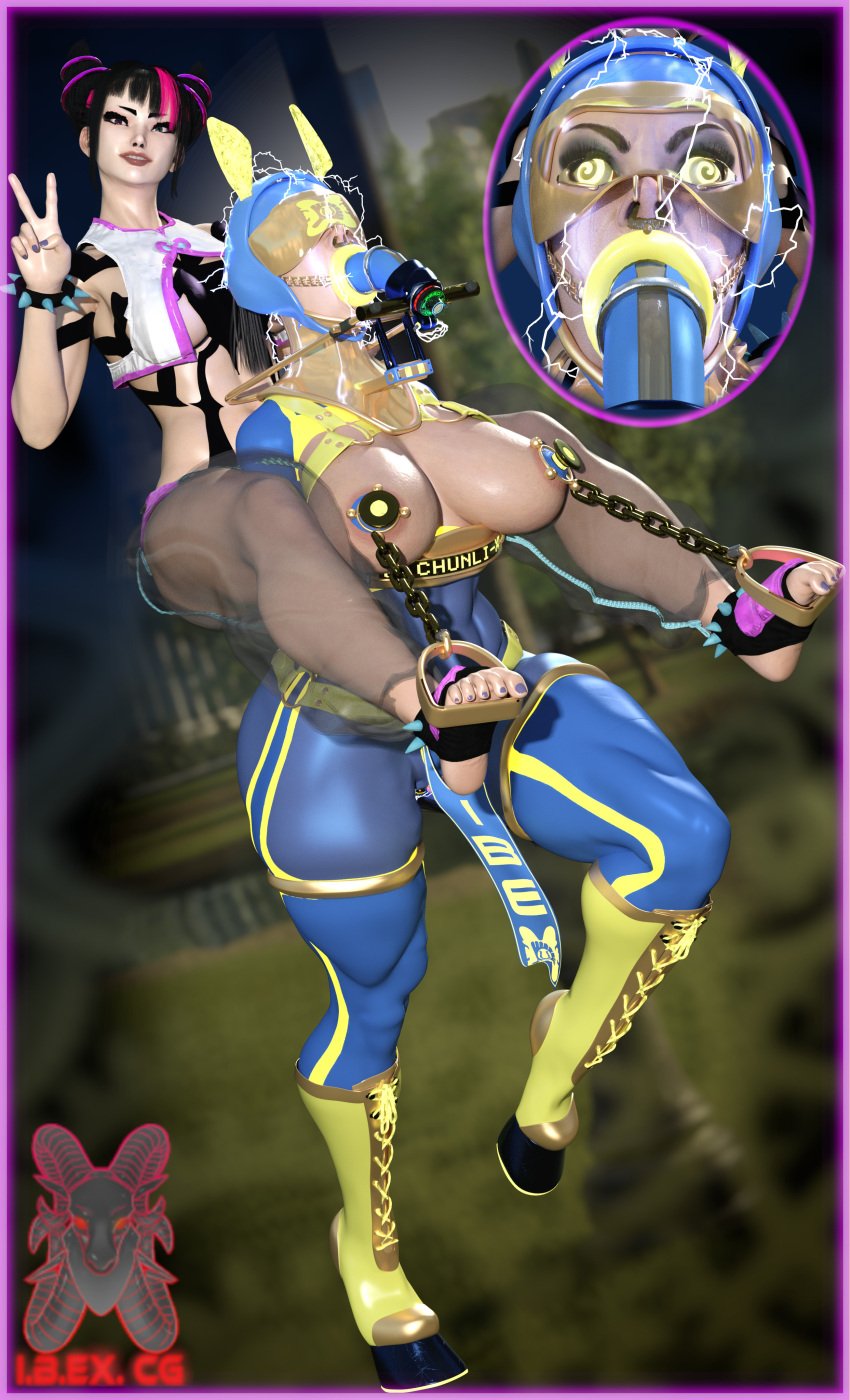 3d barefoot bondage boots capcom chun-li crossed_eyes electricity exposed_chest female_only femdom femsub humiliation ibex-cg juri_han large_lips nipple_piercing piercing pony_play ponygirl spiral_eyes street_fighter tagme visor