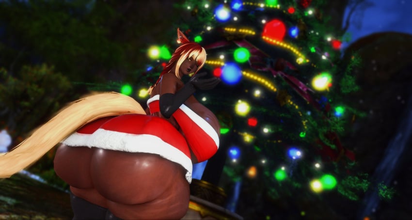 1girls 3d ass_focus blonde_hair cat_ears cat_tail catgirl christmas christmas_2024 christmas_outfit dark-skinned_female female female_only final_fantasy final_fantasy_xiv gpose(ffxiv) huge_ass huge_breasts hyper hyper_ass hyper_breasts leothiccposting miqo'te original_character red_highlights shiny_ass shiny_skin solo_focus square_enix thick_thighs yellow_eyes