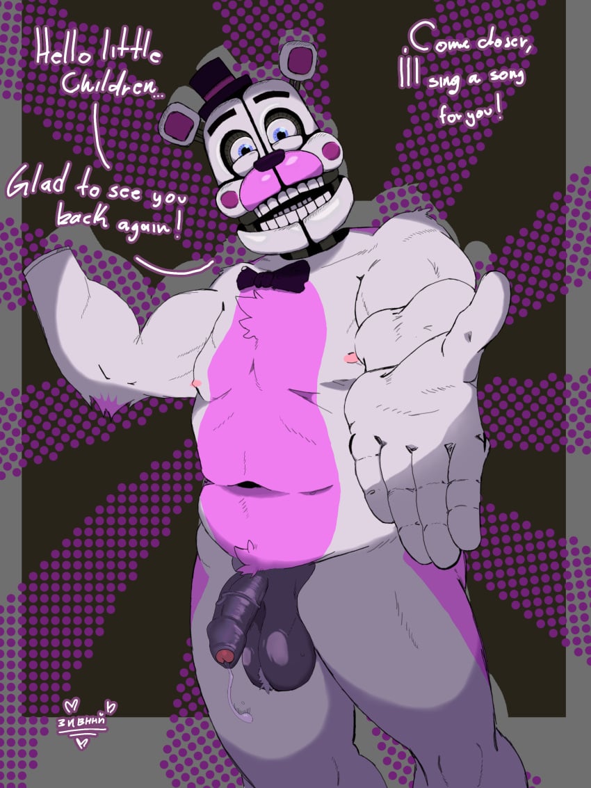 3:4 absurd_res animatronic anthro bear bodily_fluids dripping english_text five_nights_at_freddy's foreskin funtime_freddy_(fnafsl) genital_fluids genitals hi_res humanoid_genitalia humanoid_penis machine male mammal penis precum precum_drip robot scottgames sister_location slightly_chubby solo text zivnny_(artist)