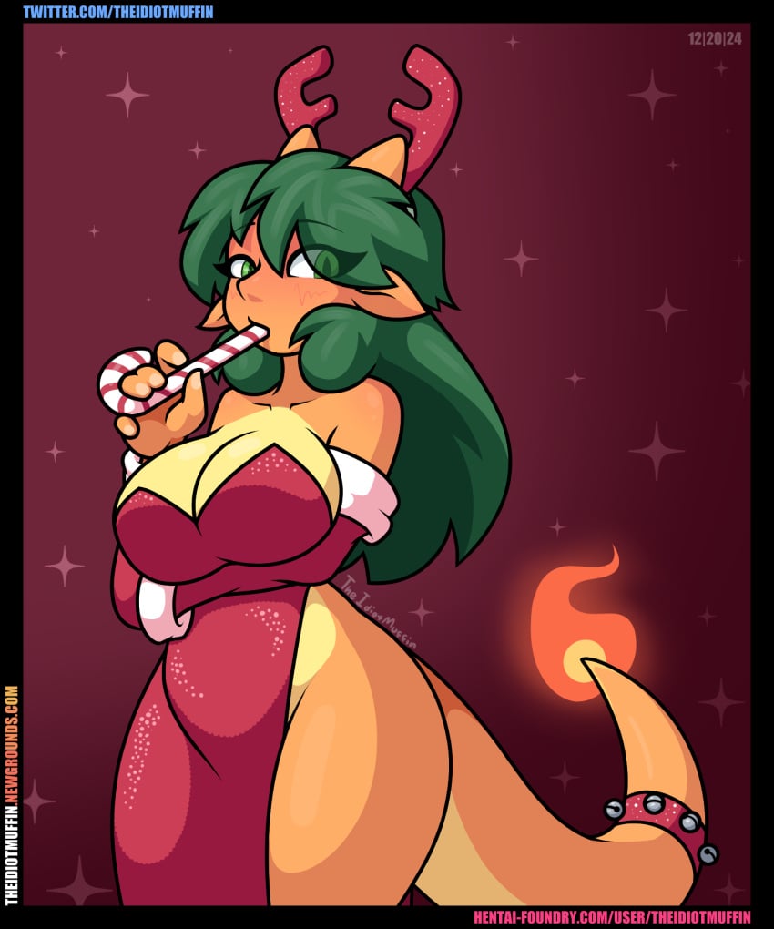 1girls anthro bells blush breasts candy_cane candy_cane_in_mouth charizard cindy_(theidiotmuffin) dress_only eating_candy female flame flaming_tail green_eyes green_hair headband horns large_breasts long_hair looking_at_viewer orange_body orange_skin pointy_ears pokemon pokemon_(species) pokemon_rgby sequin_dress signature solo tail text theidiotmuffin url yellow_skin