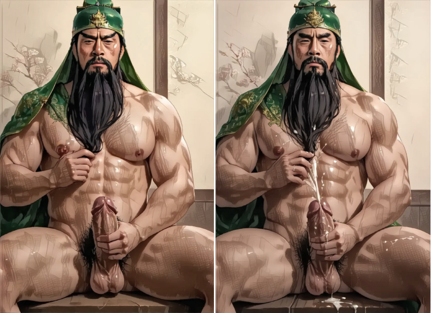 ai_generated cum dynasty_warriors guan_yu male masturbation muscular penis romance_of_the_three_kingdoms